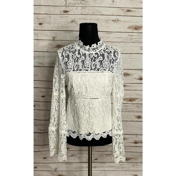 Bardot X REVOLVE Sansa white mock neck floral lace flared sleeve top Size 4 - Picture 1 of 9